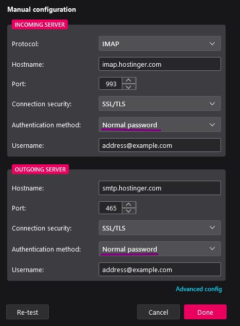 Hostinger email manual configuration with Normal password selected for incoming and outgoing servers