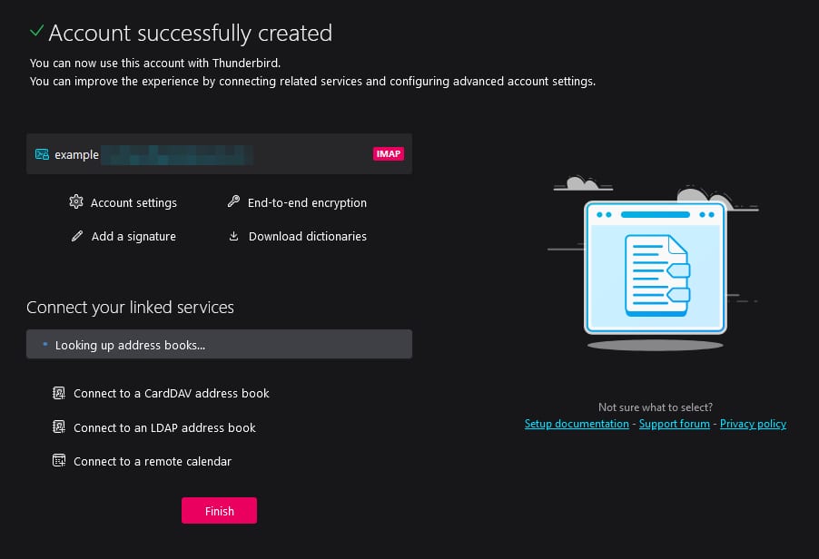 Thunderbird account setup complete with IMAP and Finish button highlighted