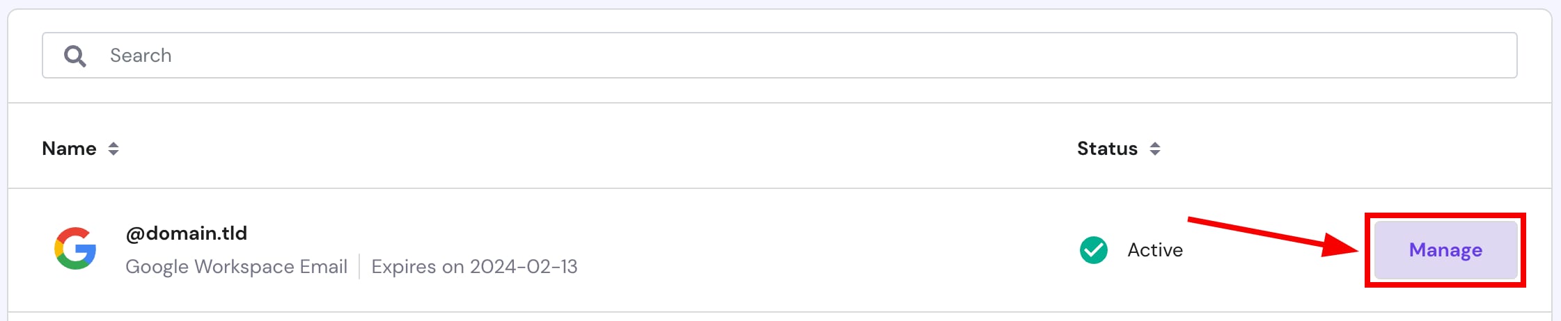 Google Workspace plan list with the Manage button highlighted for an active email subscription