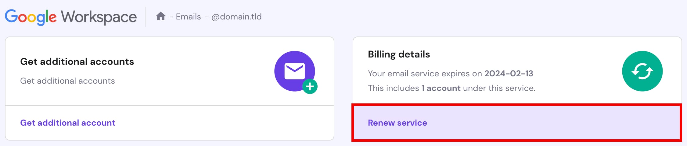 Google Workspace renew service button under billing details