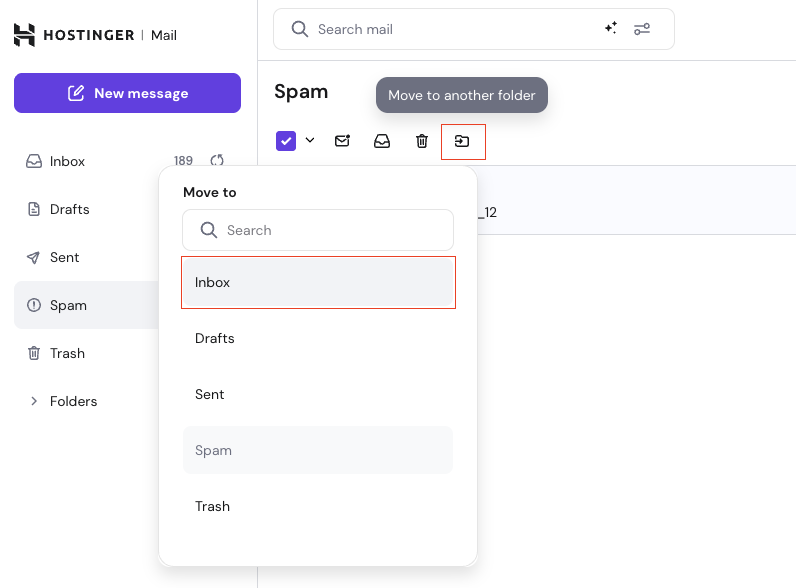 Hostinger Mail move-to popup with Inbox highlighted in the folder list