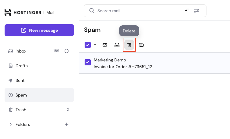 Hostinger Mail spam folder with the delete trash icon highlighted