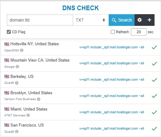 DNS check results showing SPF record v=spf1 include:_spf.mail.hostinger.com ~all with green checks
