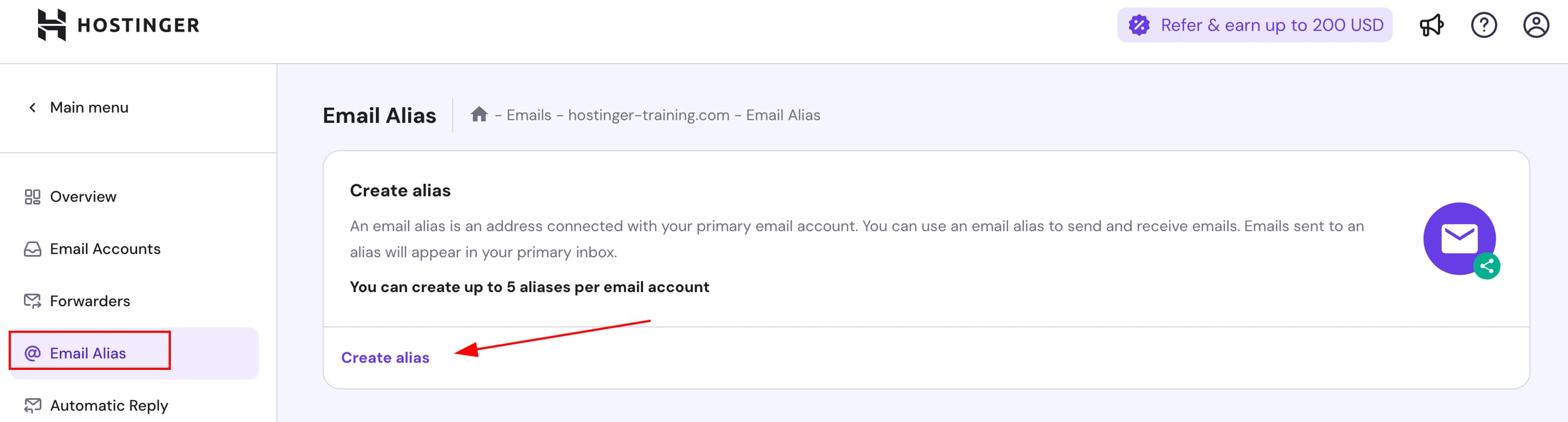 Hostinger Email Alias menu item and Create alias button highlighted on the email alias page
