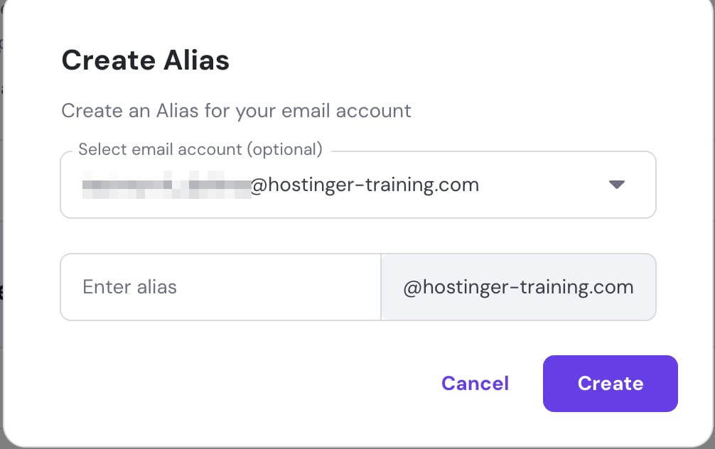 Hostinger Email create alias dialog with email account dropdown and alias input field