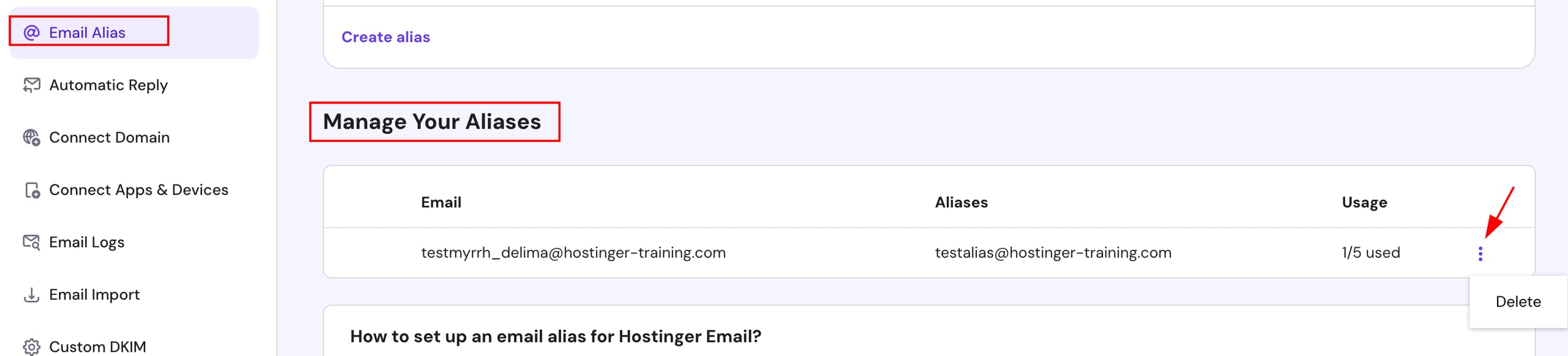 Hostinger Email Alias menu open with Delete option on a three-dot actions button
