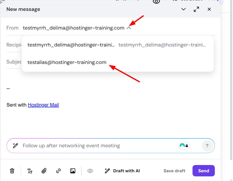 Hostinger Mail compose window with sender alias dropdown open and selected email address highlighted