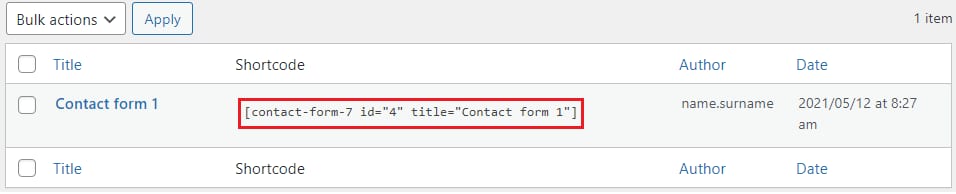 WordPress Contact Form 7 shortcode highlighted in the forms list