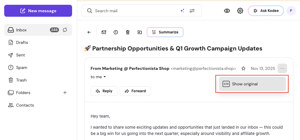 Email message view with the Show original menu option highlighted