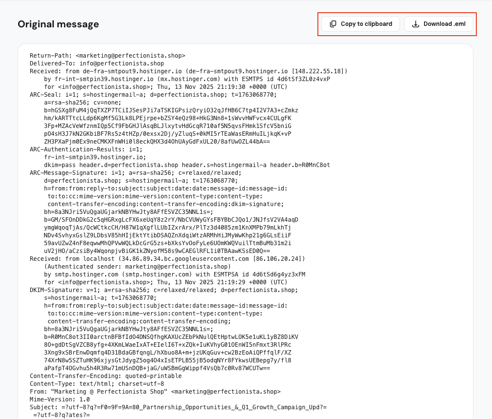 Email original message header with Copy to clipboard and Download .eml buttons highlighted