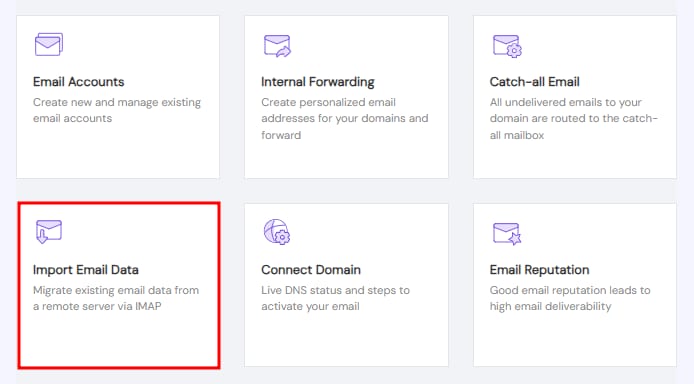 Hostinger menu with Import Email Data tile highlighted in red