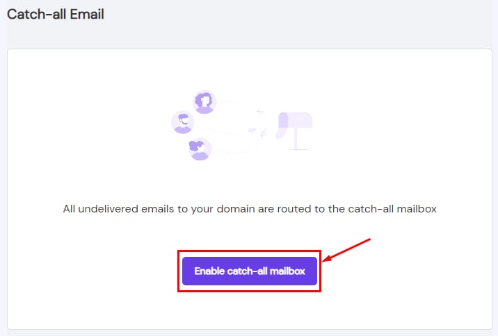 Hostinger Titan Email catch-all email page with the Enable catch-all mailbox button highlighted