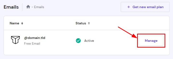 Titan Email accounts page showing the highlighted Manage button for a free email account