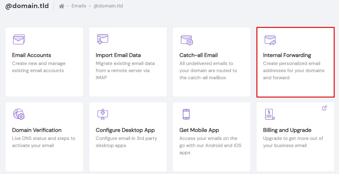 Hostinger Titan Email dashboard with Internal Forwarding card highlighted