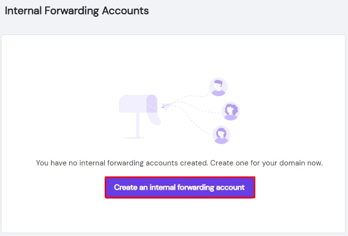 Titan Email internal forwarding accounts page with the Create an internal forwarding account button highlighted