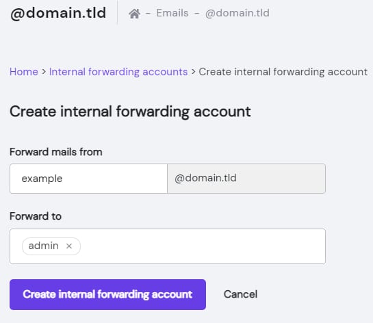 Titan Email create internal forwarding account form with forward-from and forward-to fields
