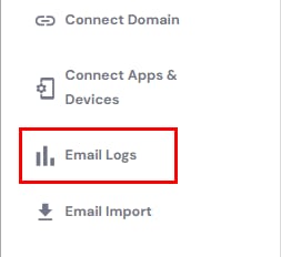 Email Logs menu option highlighted in the Hostinger email sidebar