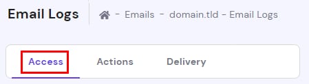 Hostinger Email Logs page with the Access tab highlighted