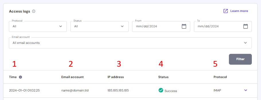 Hostinger Email access logs filter panel with email account dropdown highlighted above log table