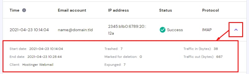 Hostinger Email access log entry expanded to show start and end times, client, trashed, and traffic details