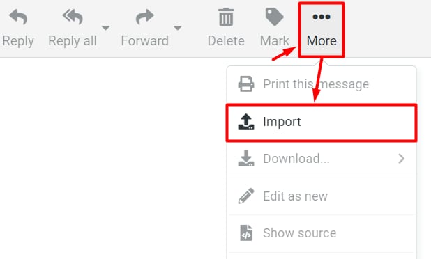 Hostinger webmail More menu with Import option highlighted