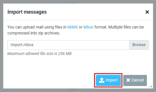 Import messages dialog with the blue Import button highlighted