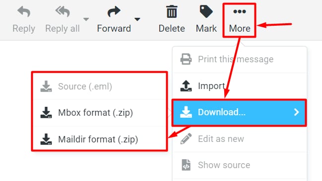 Hostinger Email More menu with Download submenu showing source, Mbox, and Maildir export options
