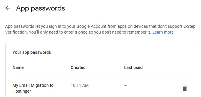 Google App Passwords page showing a Hostinger email migration app password entry