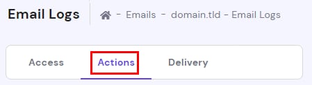 Hostinger Email Logs page with the Actions tab selected