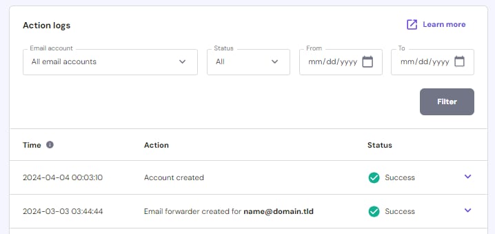 Hostinger Email action logs page showing filters and a table of successful account actions