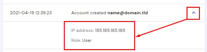 Hostinger email action log entry expanded to show IP address and user role