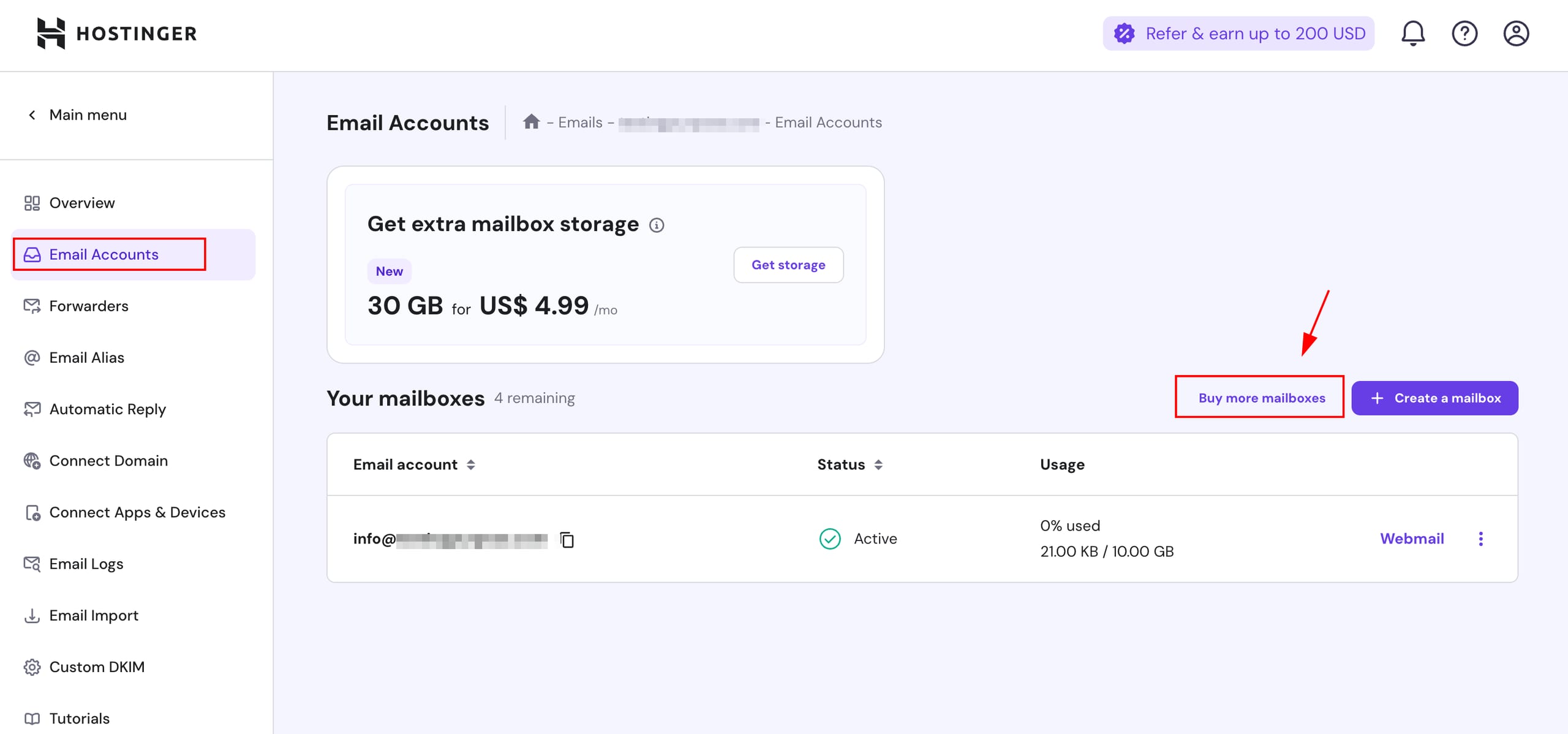 Hostinger Email Accounts page with Buy more mailboxes highlighted and Email Accounts selected in the menu