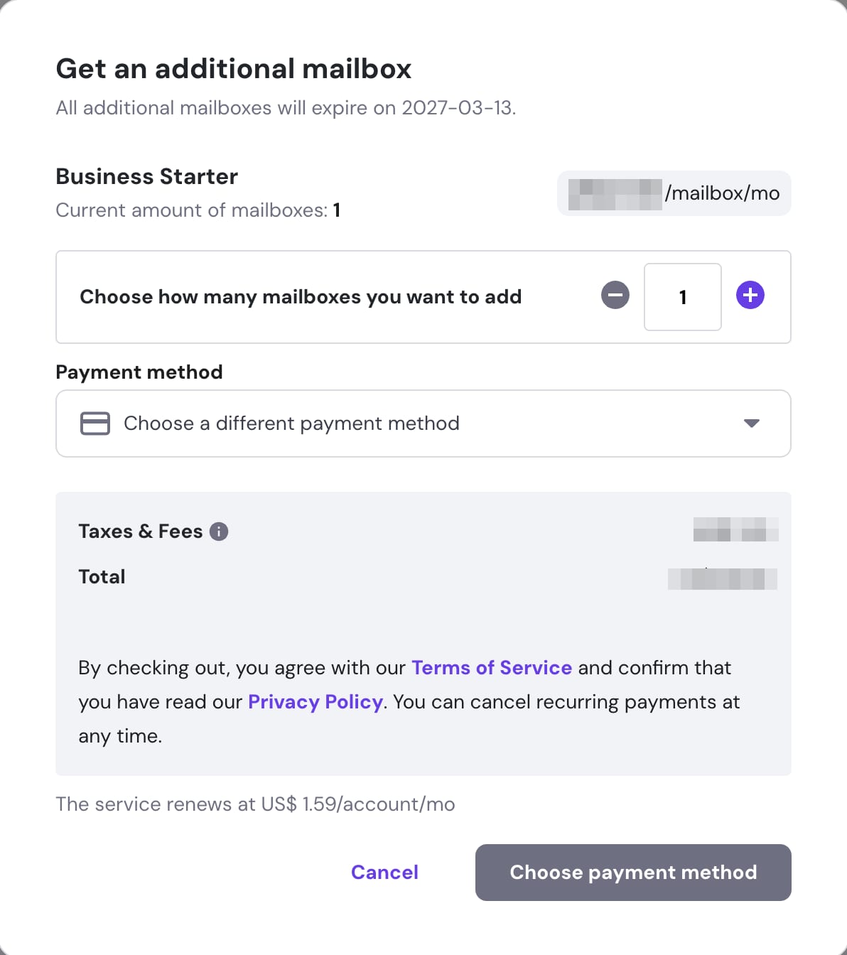Hostinger Email checkout screen to add an additional mailbox, with mailbox count selector and payment method button