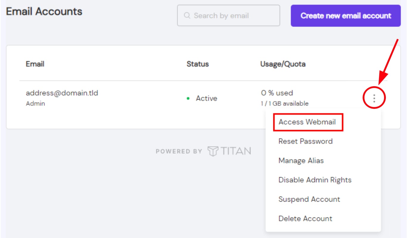 Titan Email accounts menu with Access Webmail option highlighted in the account actions dropdown
