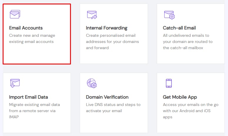 Hostinger Titan Email settings, Email Accounts tile highlighted