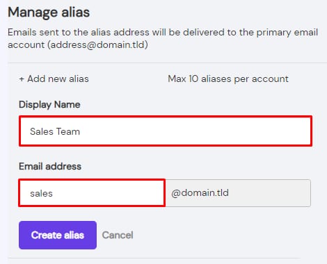 Titan Email alias setup form with Sales Team display name and sales email address fields highlighted