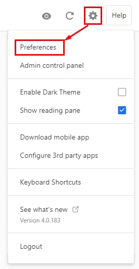 Titan Email settings menu with Preferences highlighted