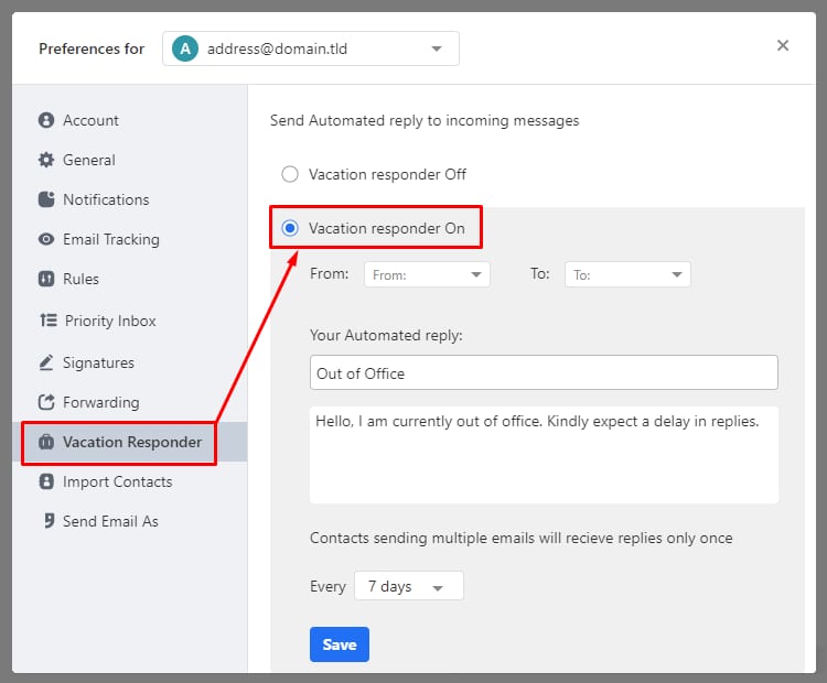 Titan Email Vacation Responder settings with “Vacation responder On” selected