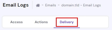 Hostinger Email Logs page with the Delivery tab selected