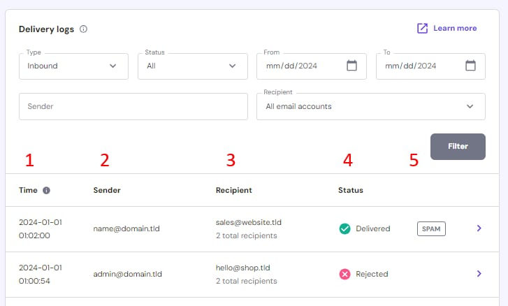 Hostinger email delivery logs page with filter fields and a highlighted Filter button above log results