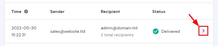 Hostinger email delivery log showing a delivered message row with a highlighted right-arrow control