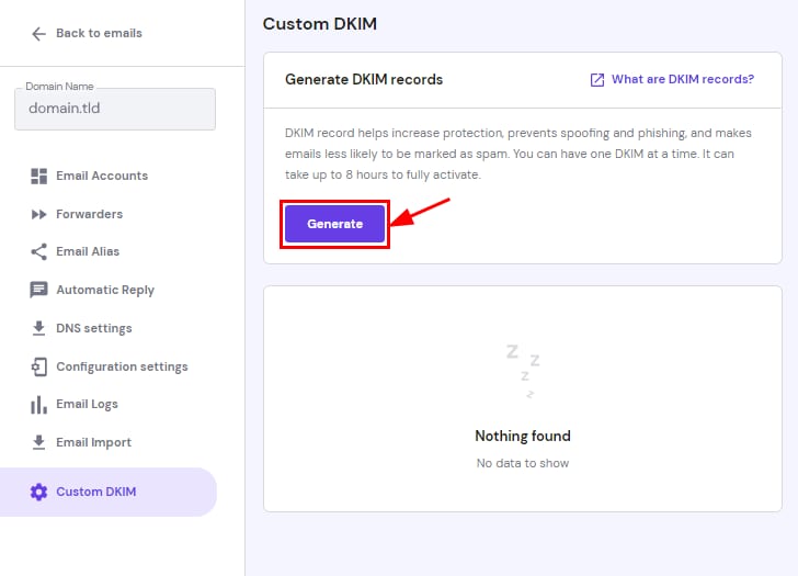 Hostinger Email custom DKIM page with the Generate button highlighted