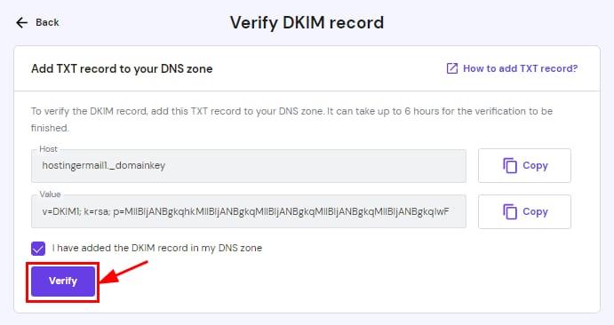 Hostinger Email DKIM verification screen with the Verify button highlighted