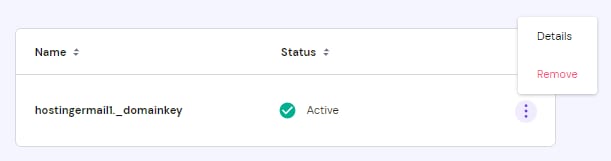 Hostinger Email DNS record list with the _domainkey record and its three-dot menu highlighted