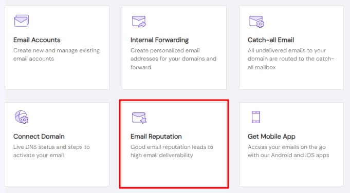 Email Reputation tile highlighted in Titan Email settings grid