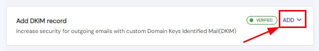 Titan Email DKIM record panel with the Add dropdown button highlighted