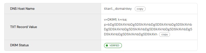 Titan DNS settings showing DKIM host name, TXT record value, and verified status badges