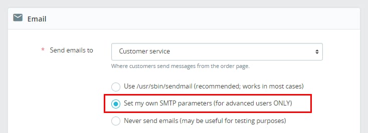 PrestaShop email settings with “Set my own SMTP parameters” selected