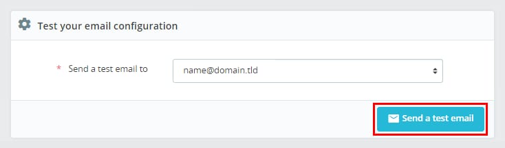 PrestaShop test email configuration screen with the Send a test email button highlighted
