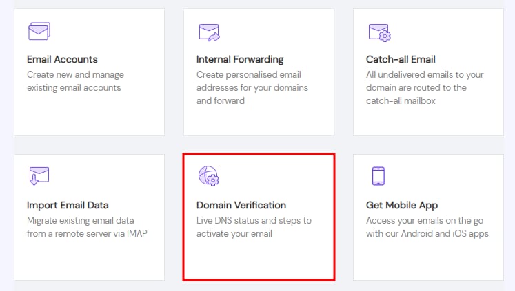 Titan Email domain verification option highlighted in a grid of email features